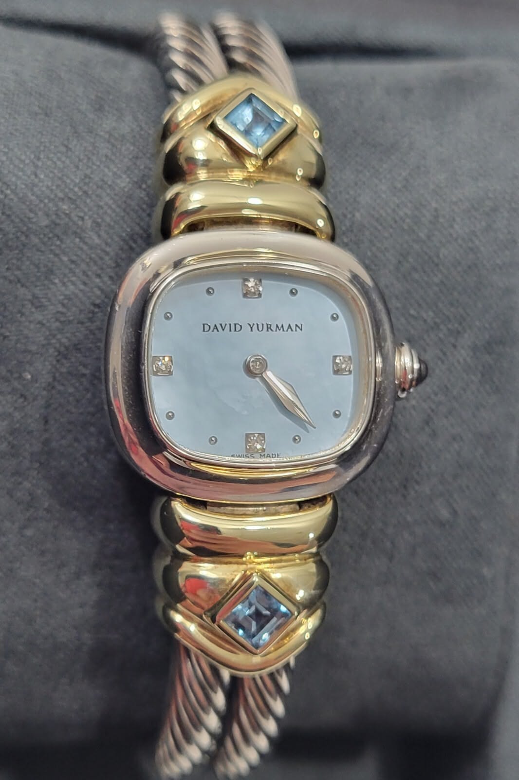 David Yurman silver and gold two-tone with baby blue dial watch — cushion case, baby blue dial, diamond hour markers, cable bracelet, blue square-cut gemstone accents