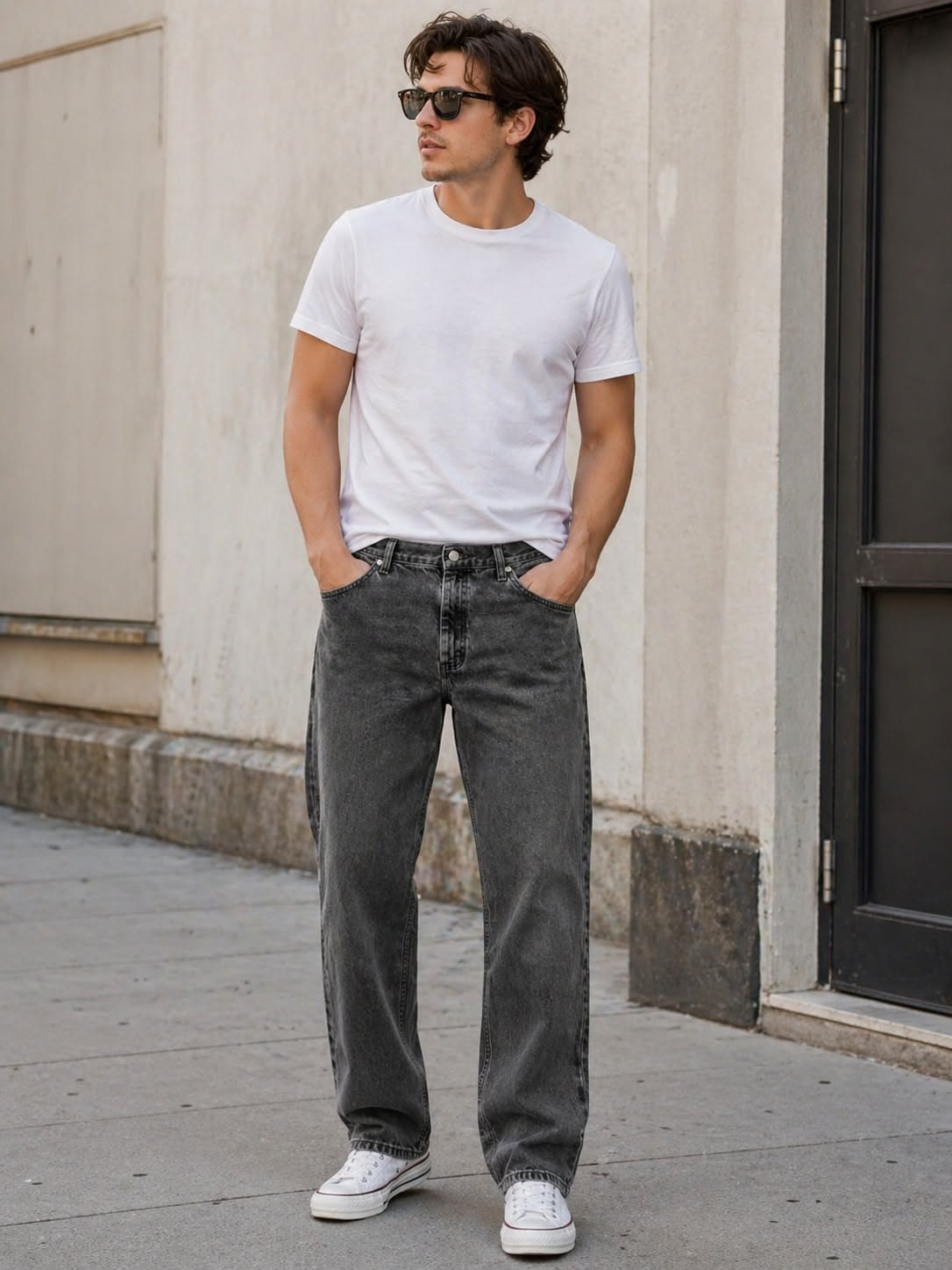 Wrangler charcoal black wash jeans — faded black wash, classic five-pocket style, belt loops