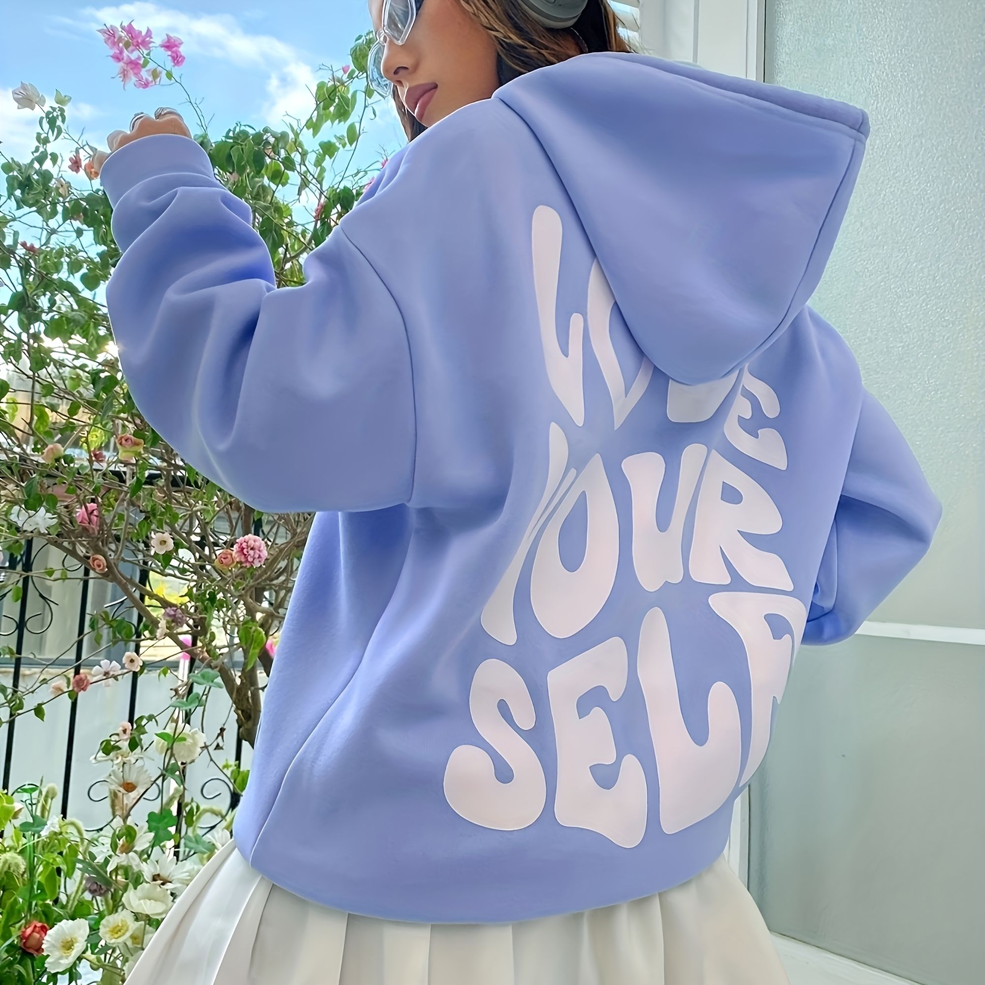 Casual Periwinkle Blue Hoodie — Dropped Shoulders, Attached Hood