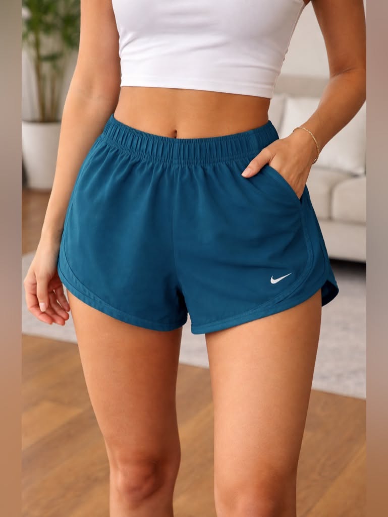 Nike Teal Blue Athletic Shorts — Elastic Waistband, Curved Hem