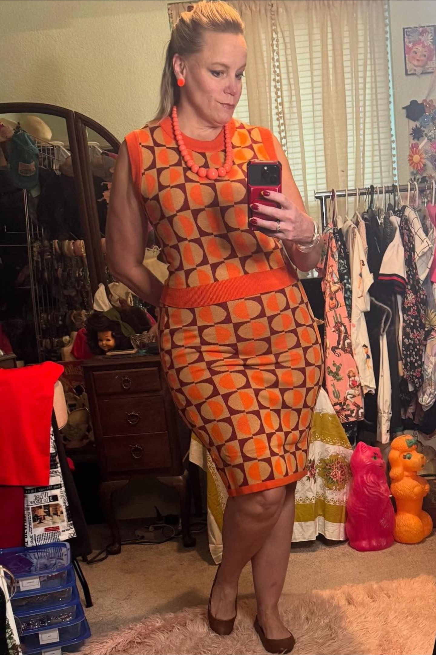 Vintage Orange and Brown Knit Dress — Sleeveless, Crew Neckline