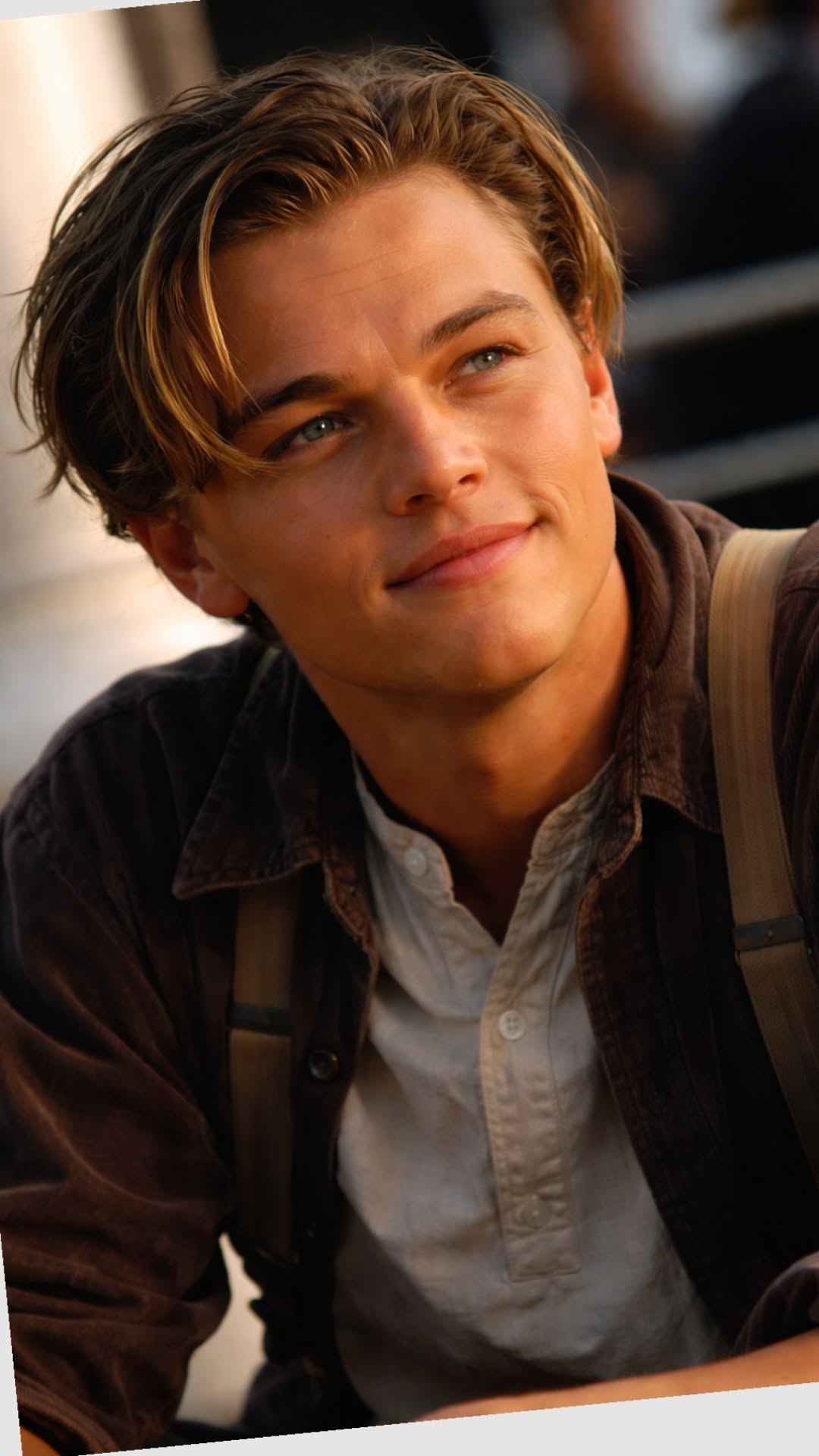 Leonardo DiCaprio light beige henley shirt — three-button placket, band collar