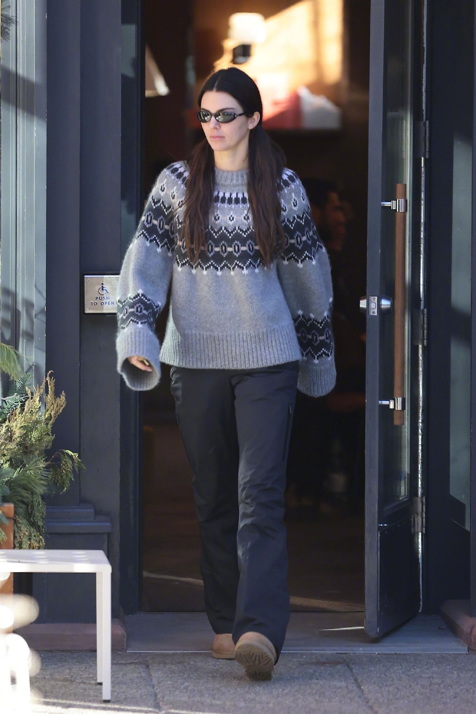 Kendall Jenner Grey and Charcoal Fair Isle Sweater — Crew Neckline
