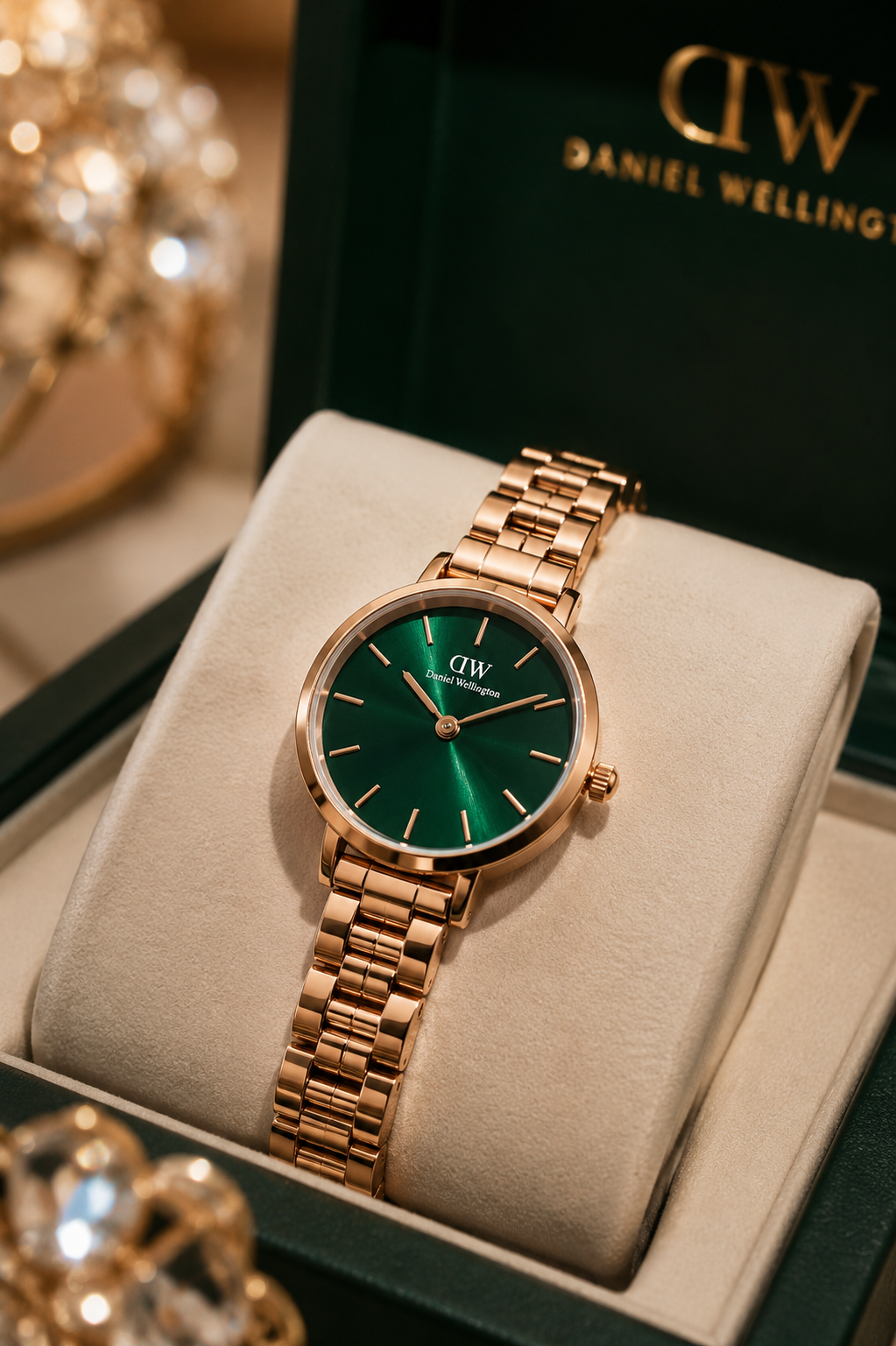 Daniel Wellington rose gold, deep green watch — round case, minimalist dial, metallic sunray finish dial, link bracelet, crown at 3 o'clock