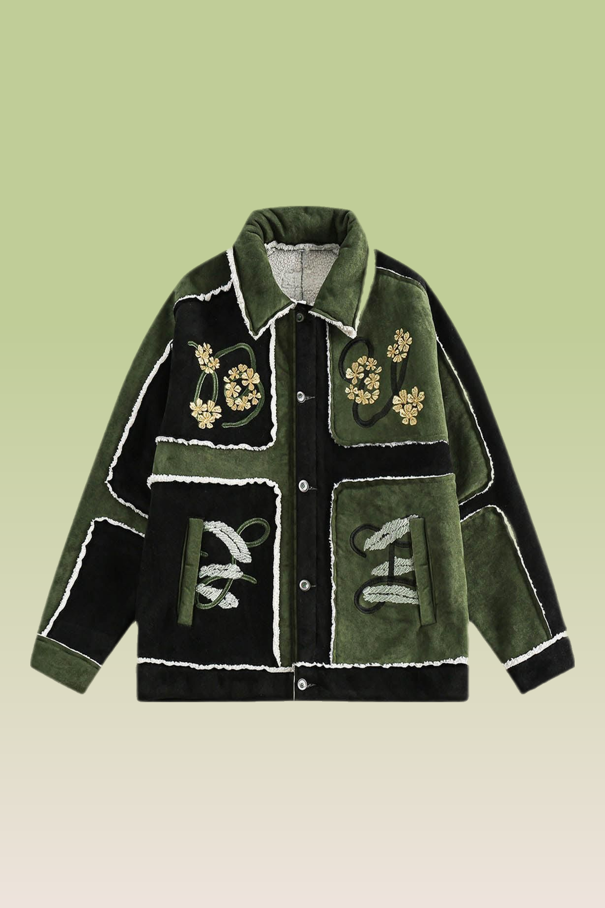 streetwear dark green and black jacket — patchwork design, exposed sherpa fleece seams, gold floral embroidery, abstract white embroidery, snap button closure, pointed collar