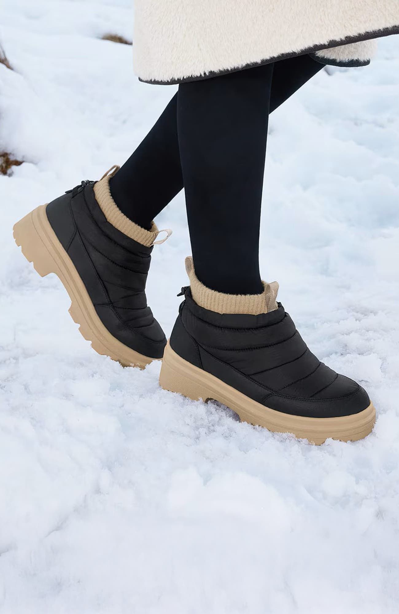 casual black and beige winter boots — quilted upper, ribbed knit cuff, lug sole, pull tab