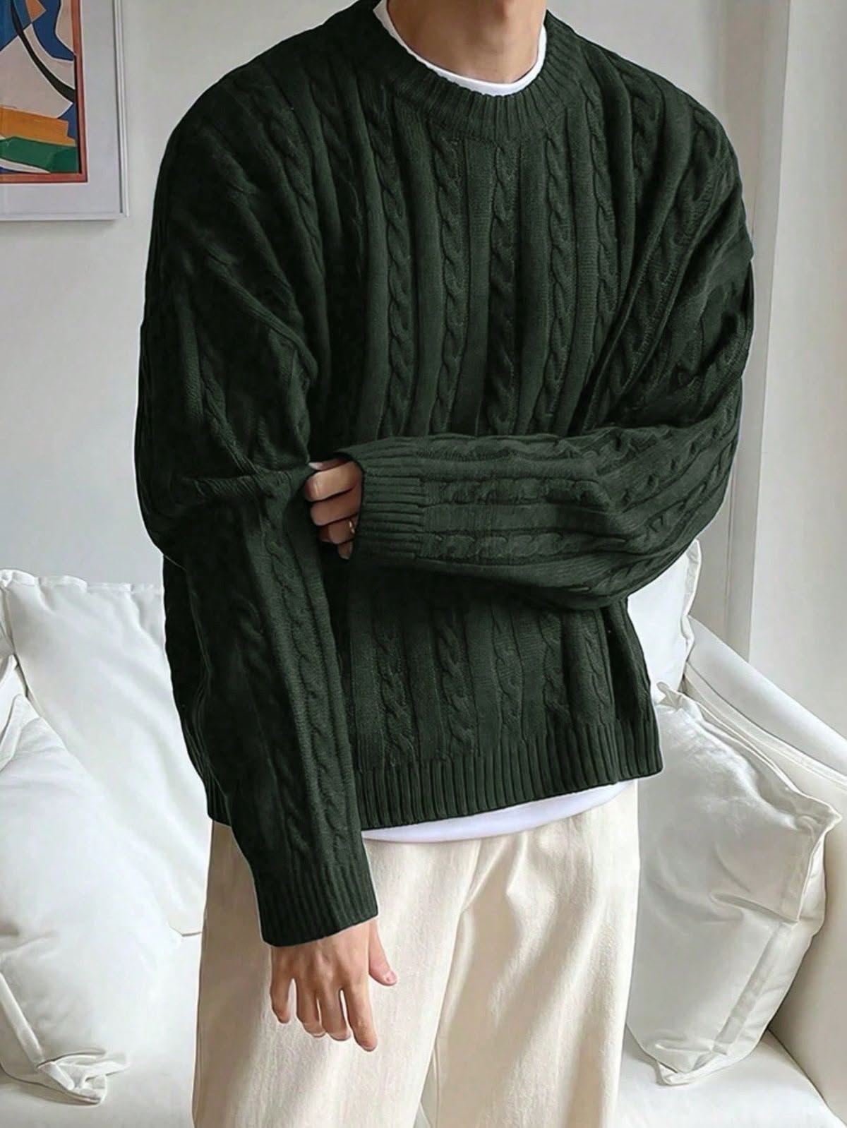 Minimalist Dark Green Cable Knit Sweater — Crew Neckline, Ribbed Hem