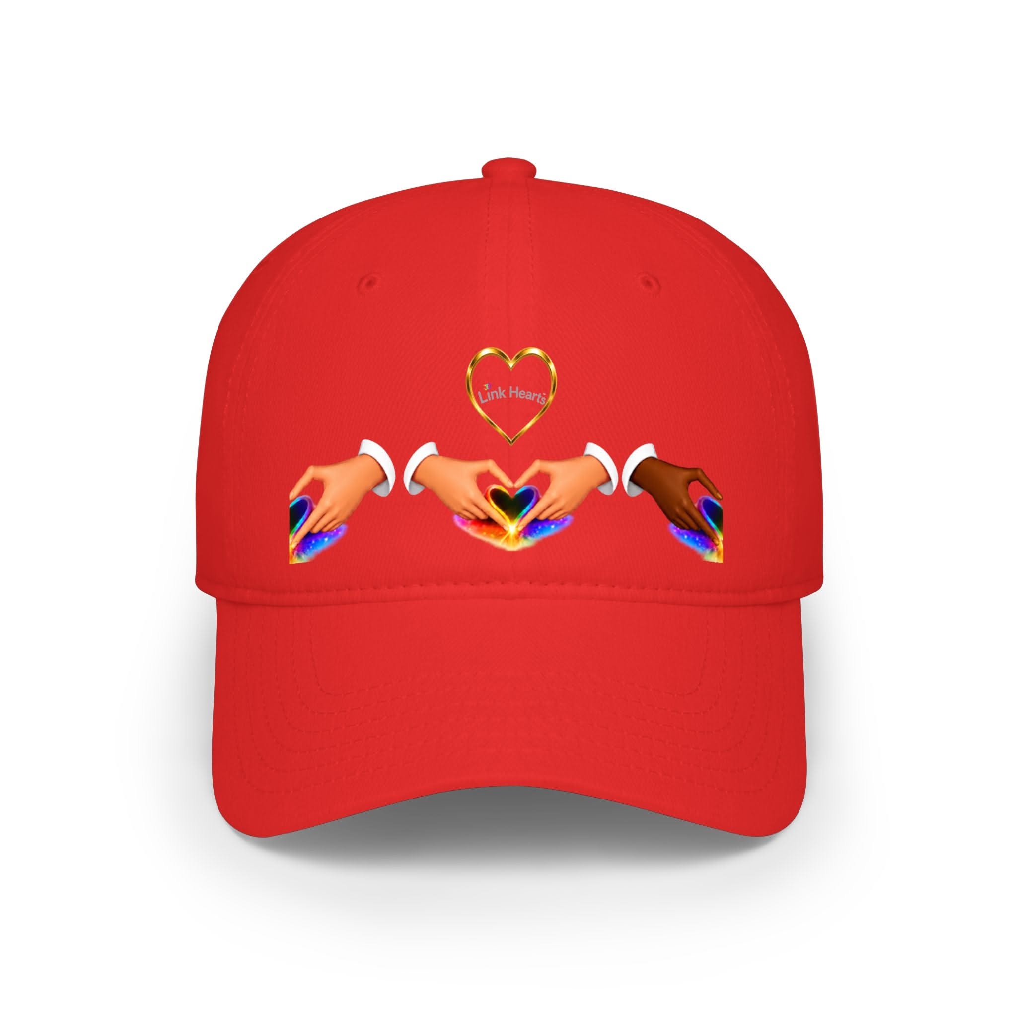 Casual Bright Red Baseball Cap — Graphic Print of Diverse Hands