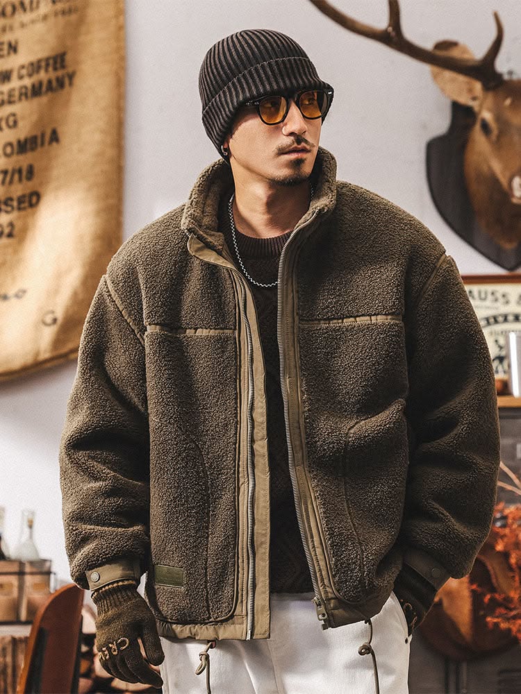 Streetwear Olive Green Sherpa Fleece Jacket — Full Zip Closure, High