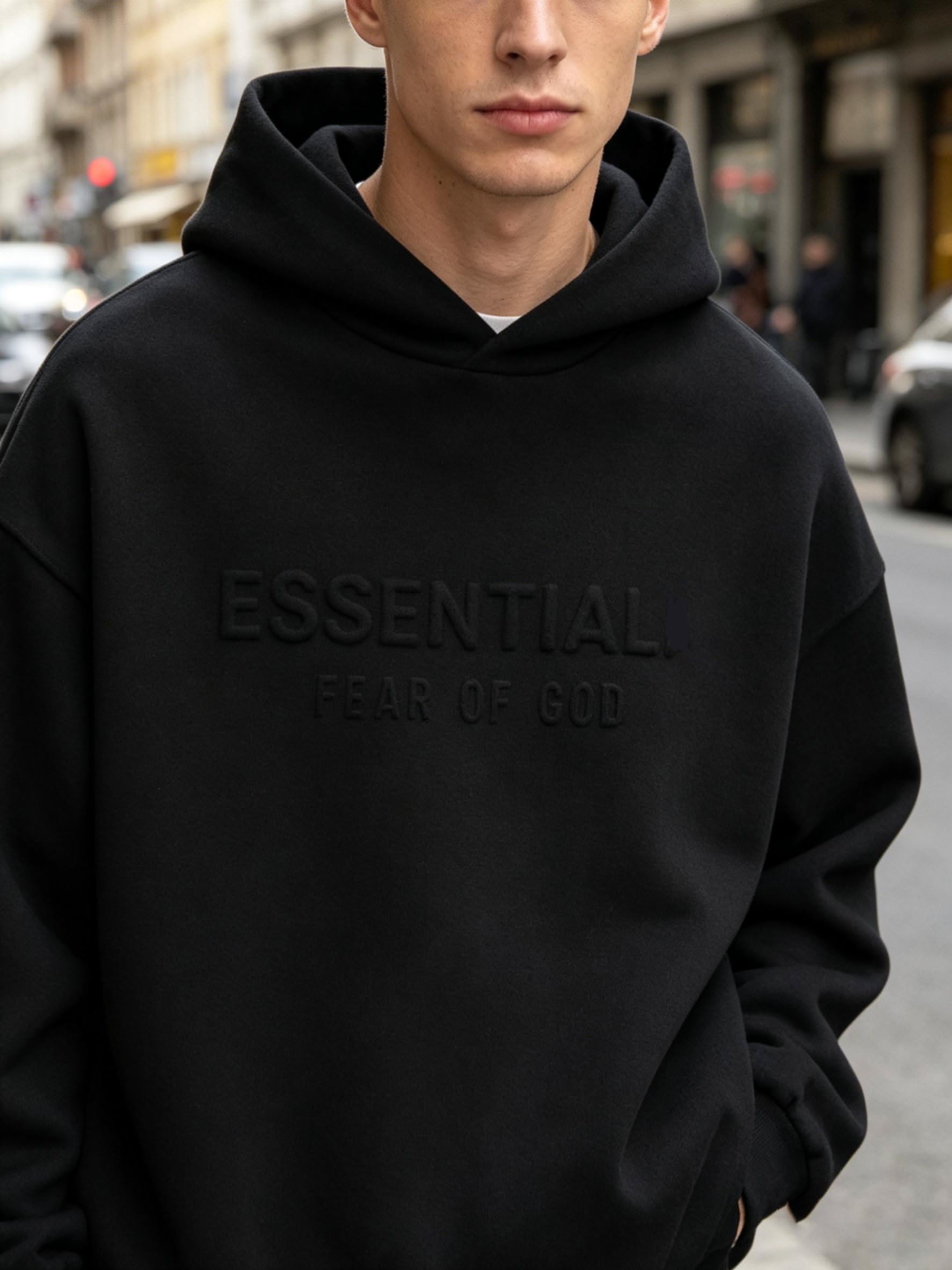 Fear of God Essentials Black Hoodie — Embroidered Tonal ESSENTIAL