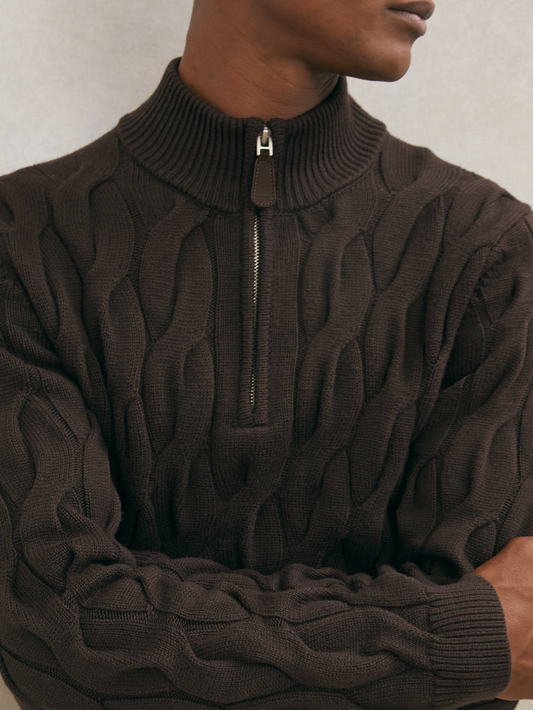 Minimalist Chocolate Brown Half-zip Sweater — Half-zip Mock Neck