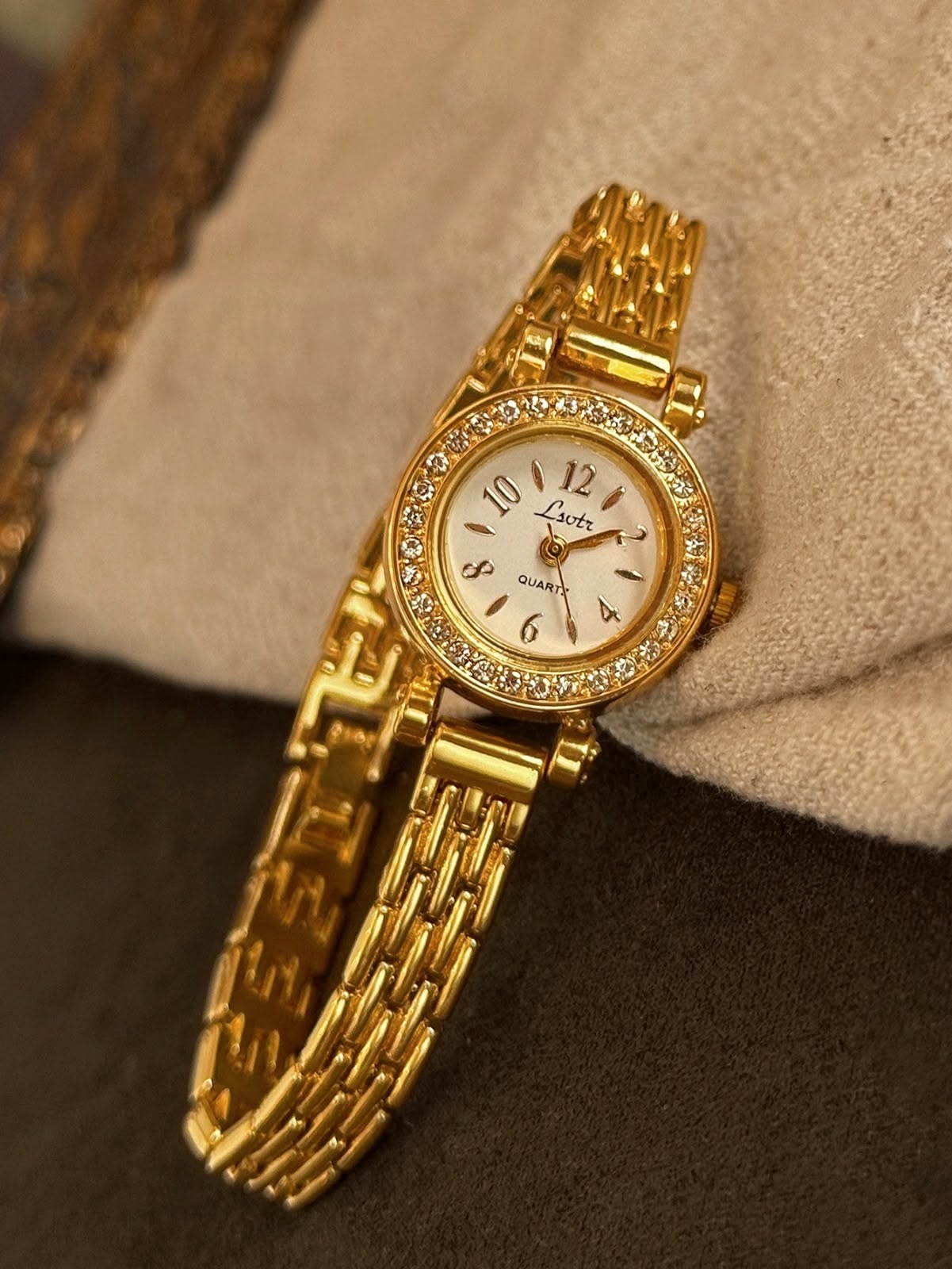 Lsvtr Gold Wrist Watch — Round Case, White Dial, Crystal-studded