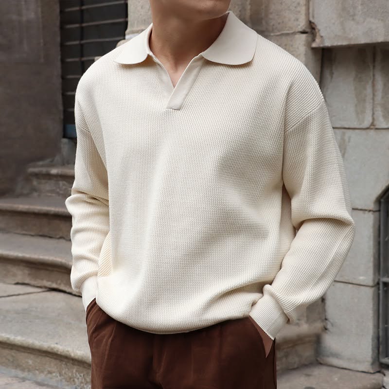 Minimalist Cream Polo Sweater — Turn-down Collar, V-neck Placket