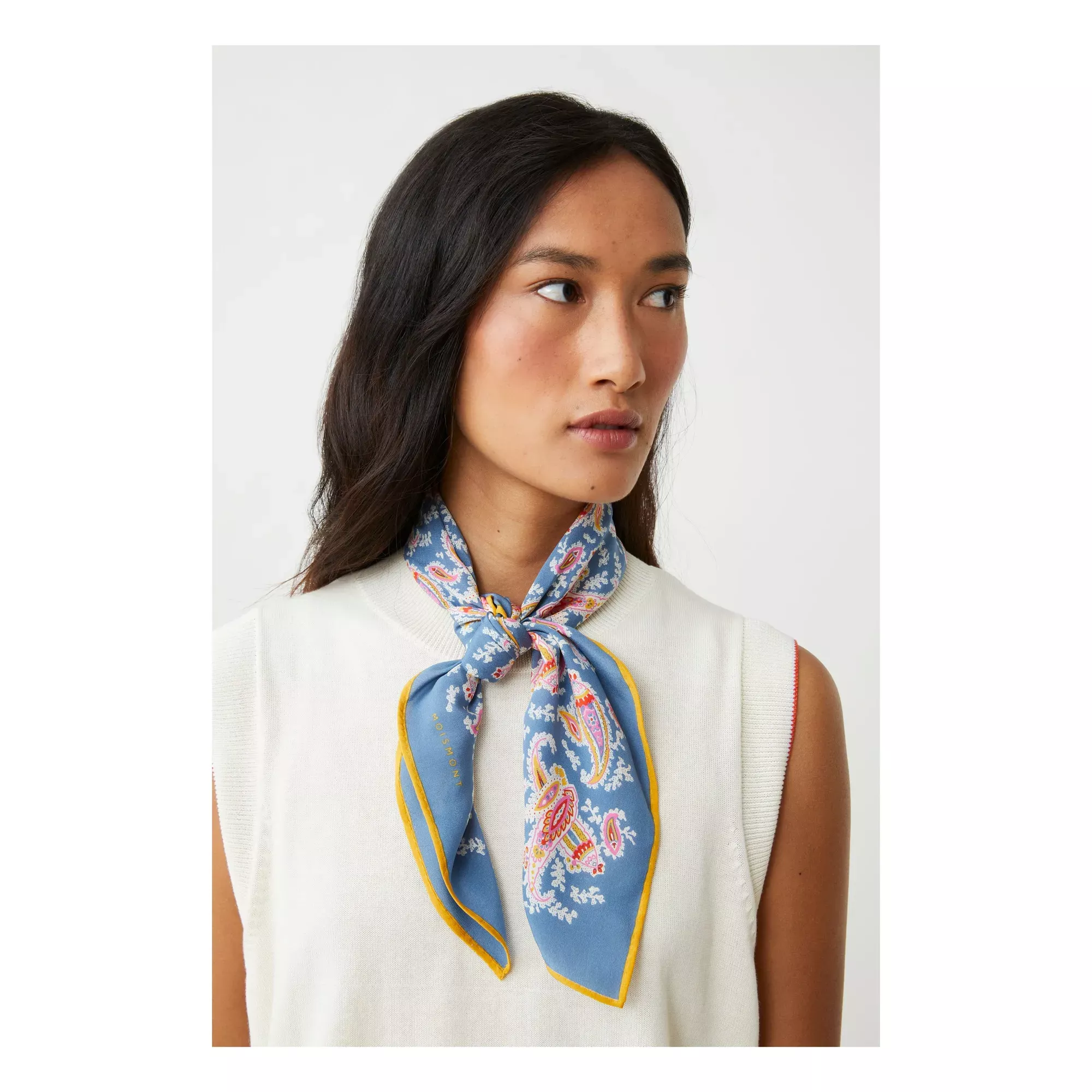 Moismont Dusty Blue Silk Scarf — Paisley Floral Pattern, Contrasting