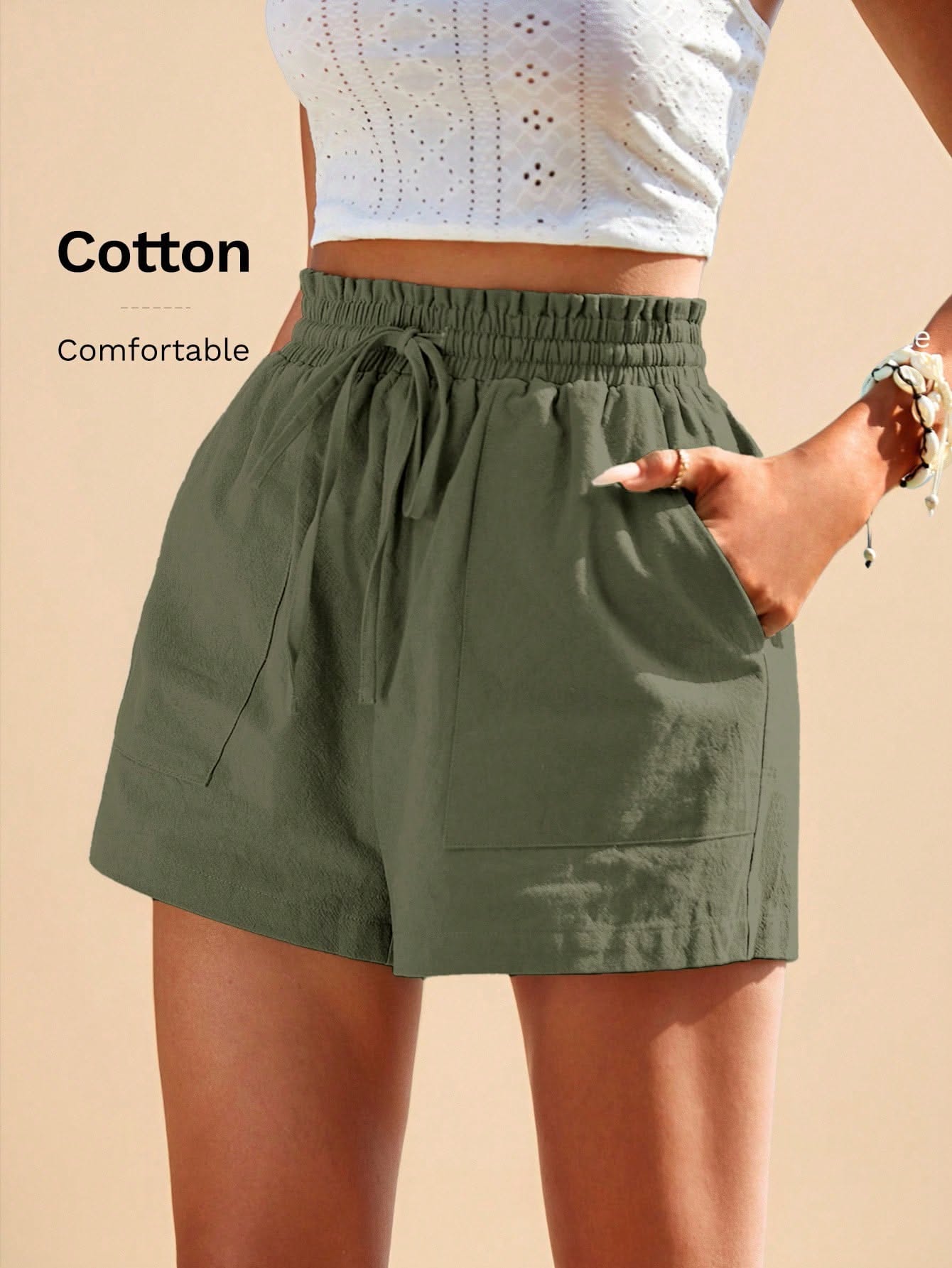 Casual Olive Green Drawstring Shorts — High-waisted, Smocked Elastic
