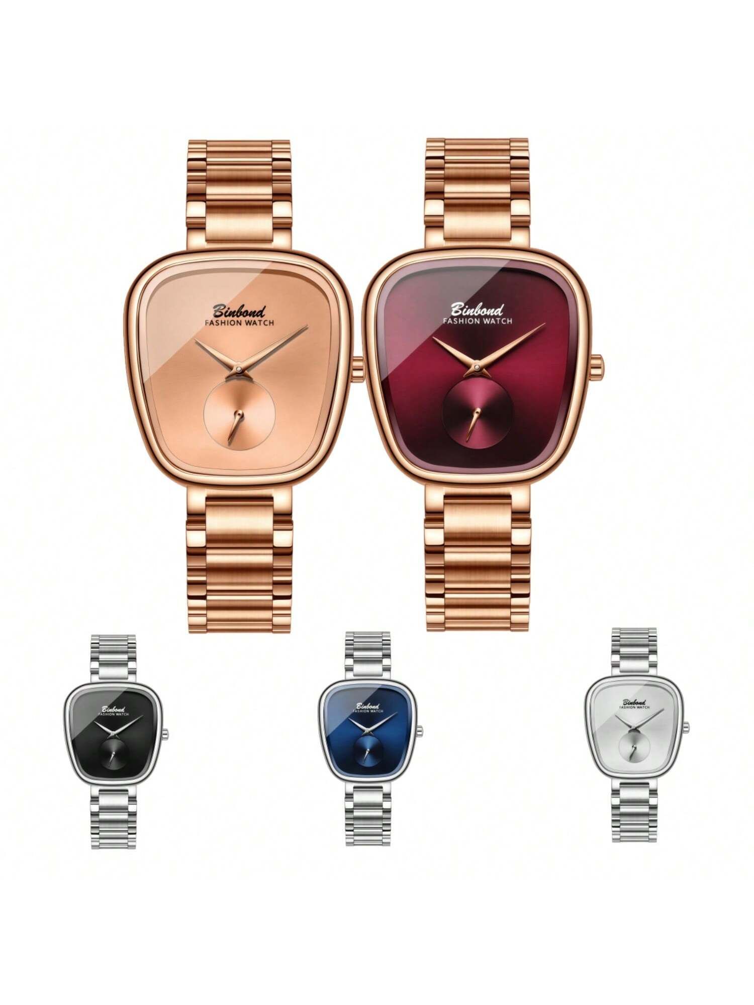 Binbond rose gold and burgundy wristwatch — tonneau case, minimalist dial, sub-dial, link bracelet