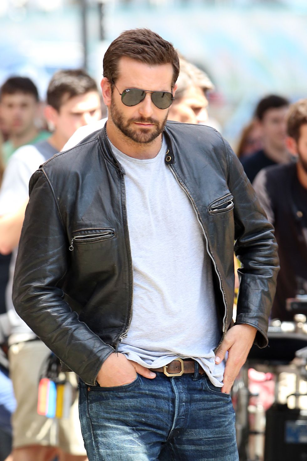 Bradley Cooper Black Leather Jacket — Mandarin Collar, Snap Collar