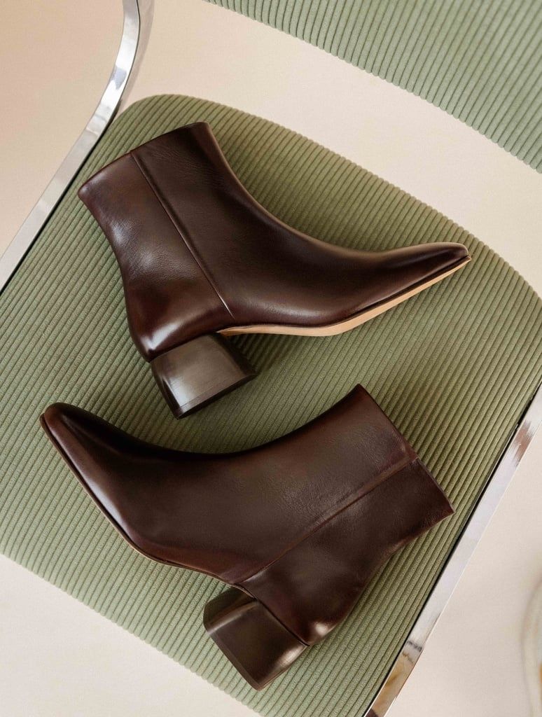 Bobbies dark brown ankle boots — pointed toe, block heel, mid-heel height, smooth leather finish, subtle seam detail