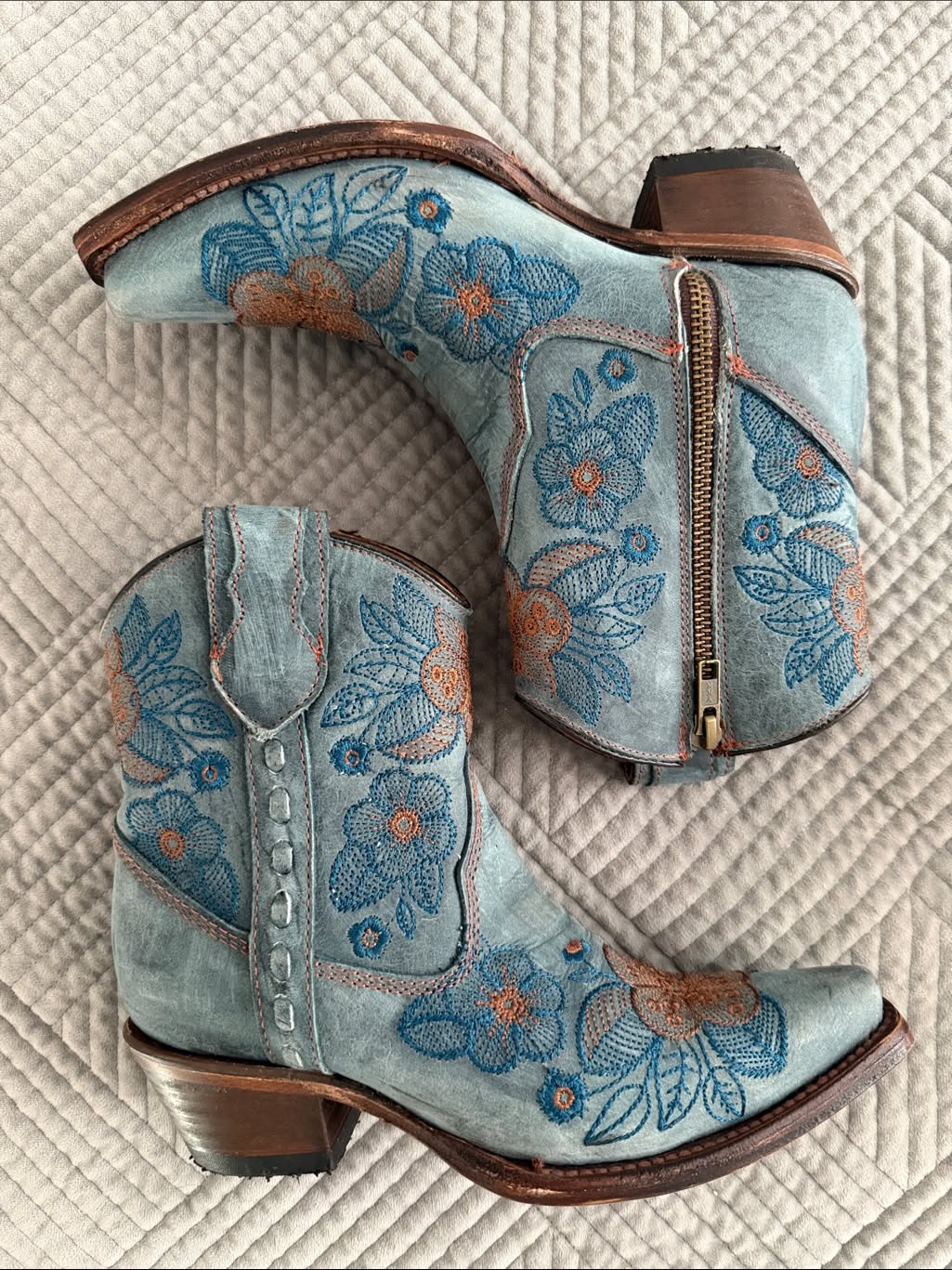 Circle G Light Blue and Rust Orange Ankle Boots — Intricate Blue