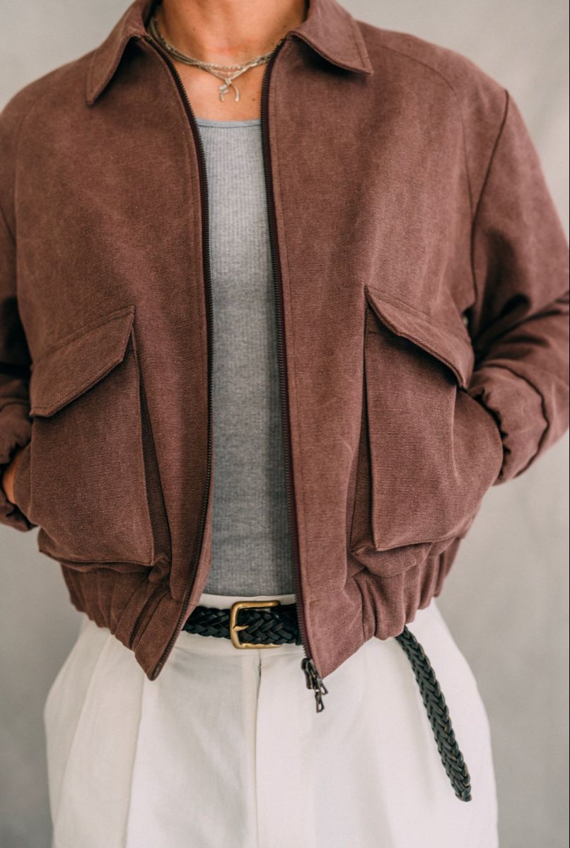 Casual Dusty Brown Bomber Jacket — Pointed Collar, Full Zip Front