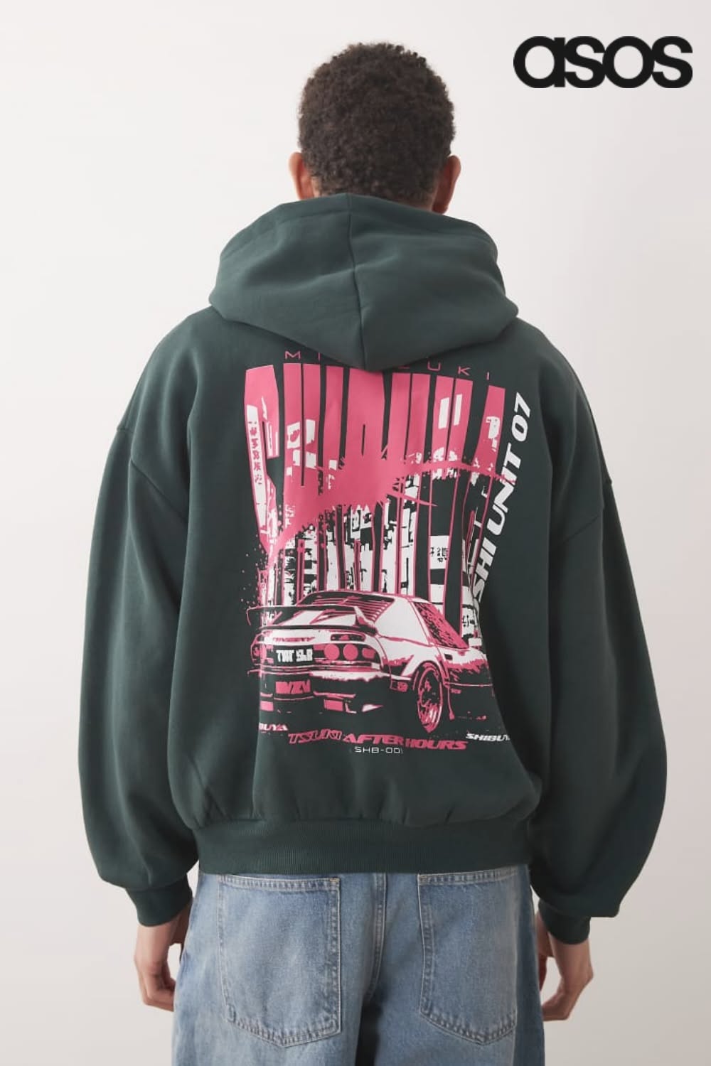 ASOS dark forest green hoodie — drawstring hood, ribbed cuffs and hem, large back graphic print featuring a car and cityscape in pink and white
