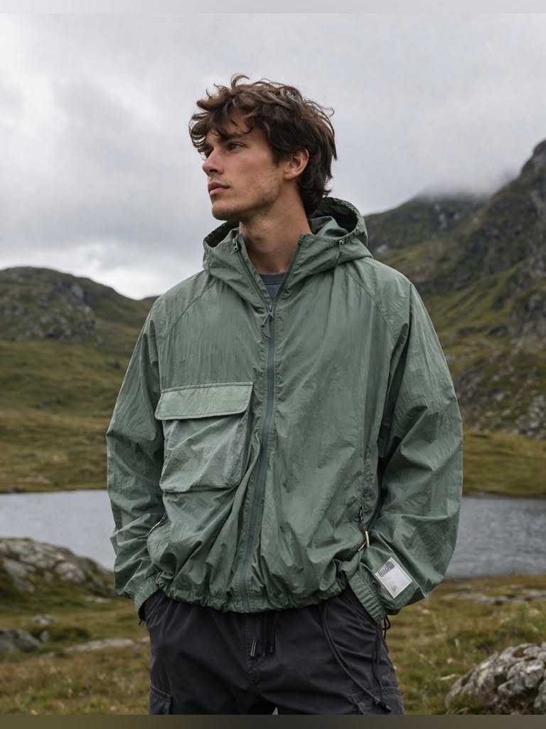 Reese Cooper sage green windbreaker jacket — hooded, full zip, elasticated cuffs and hem, large flap chest pocket, crinkled texture