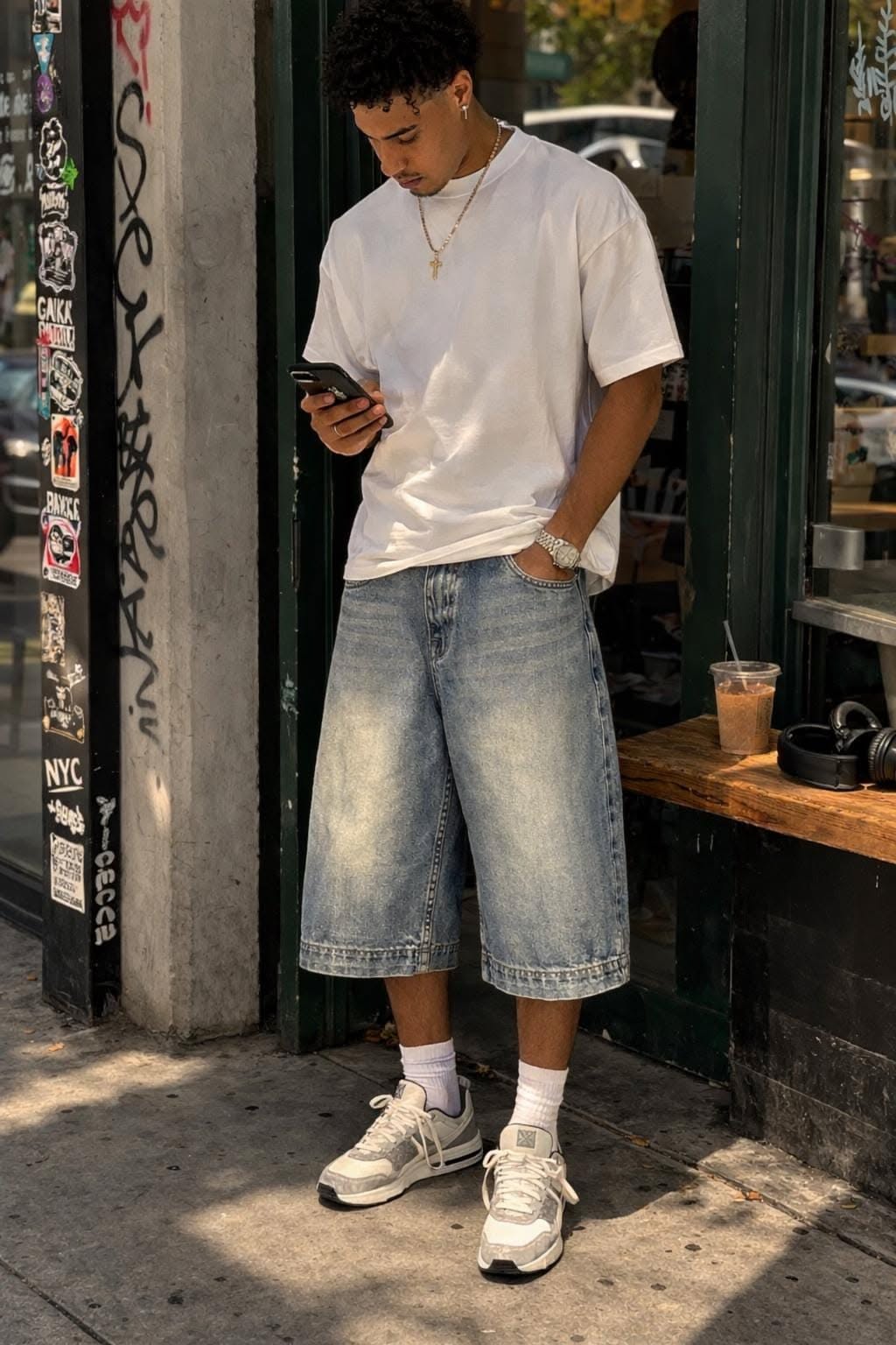 streetwear light wash blue denim jorts — vintage wash, knee-length, wide leg opening, distressed details