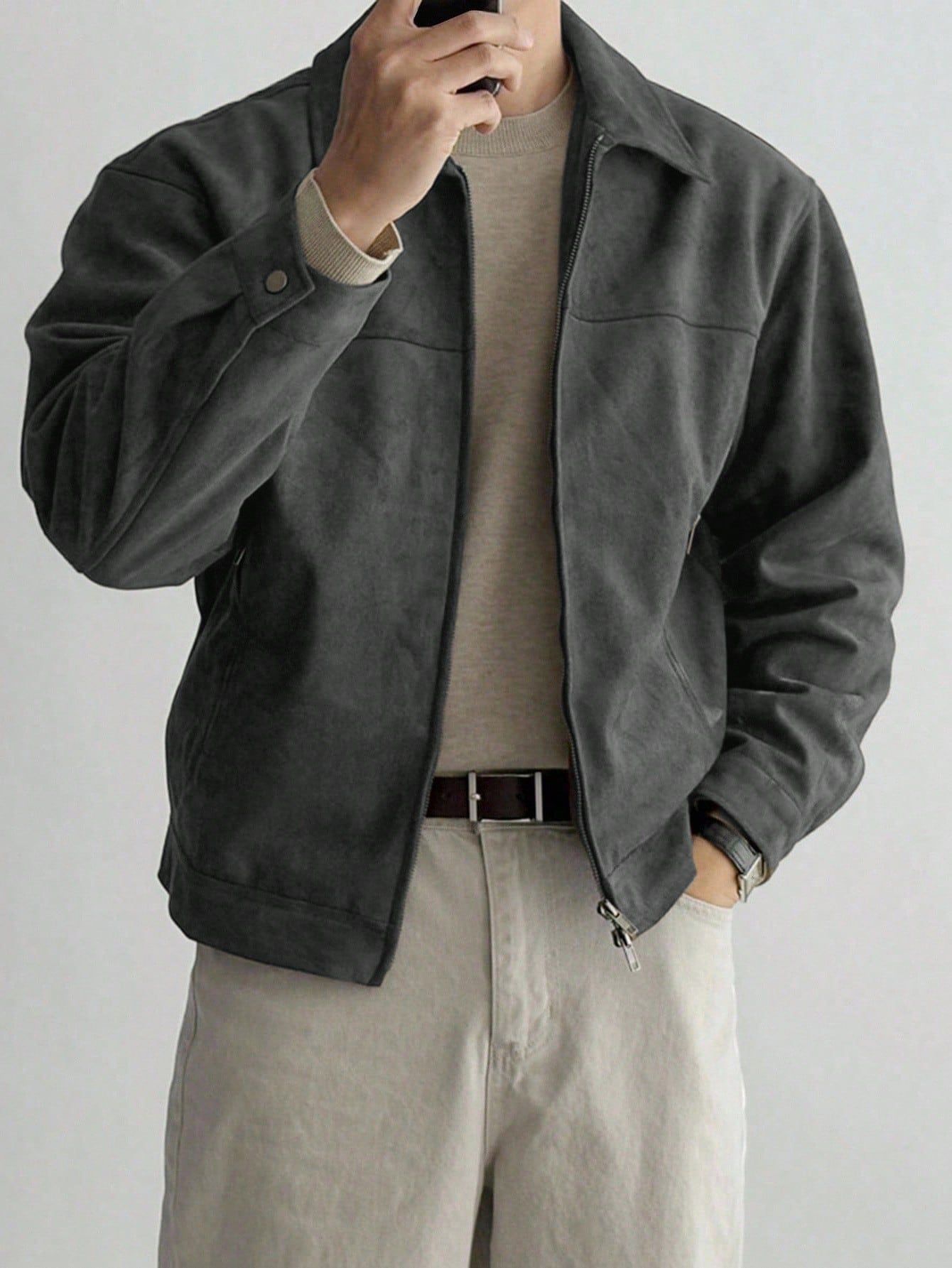 Minimalist Dark Charcoal Gray Bomber Jacket — Full Zip Closure, Point