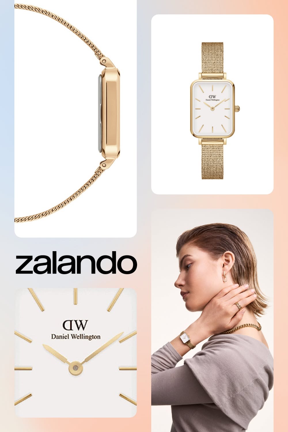Daniel Wellington gold-toned watch — rectangular case, white dial, gold-toned mesh strap, minimalist hour markers