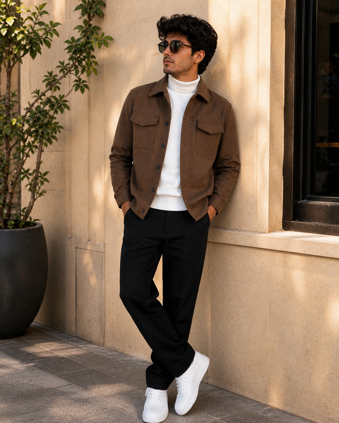 casual dark brown shacket — collared, button-front, two flap chest pockets, long sleeves with button cuffs