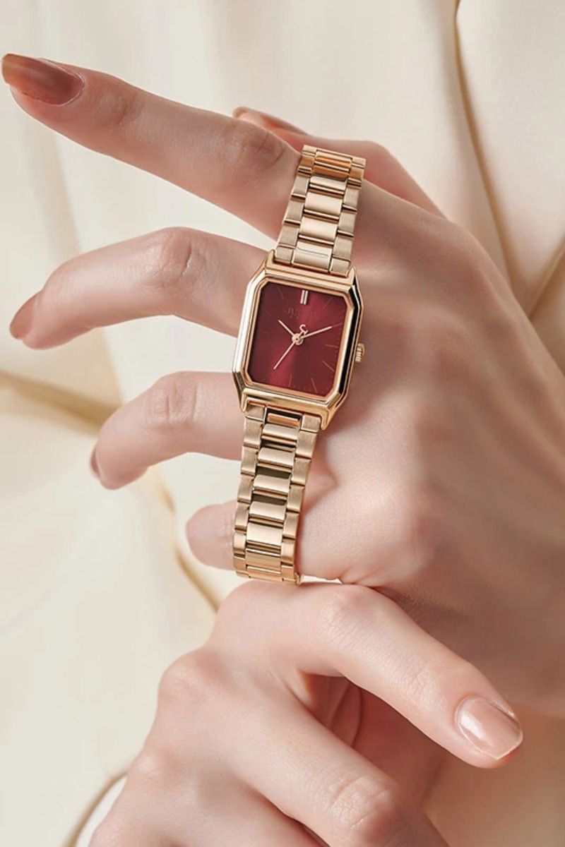 Julius Rose Gold and Burgundy Wrist Watch — Rectangular Case, Deep