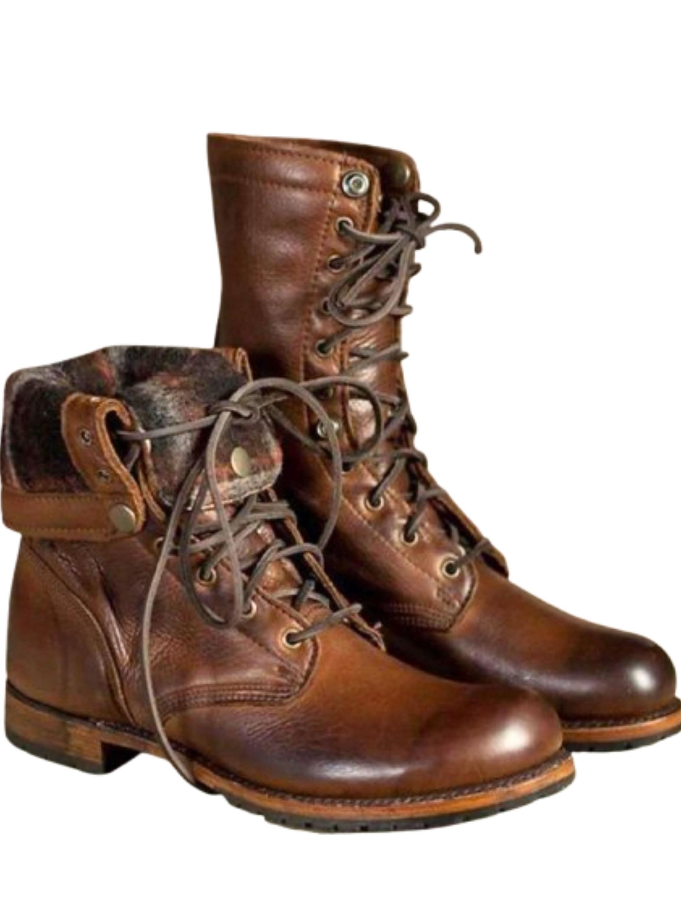 Vintage Distressed Brown Leather Combat Boots — Lace-up Front