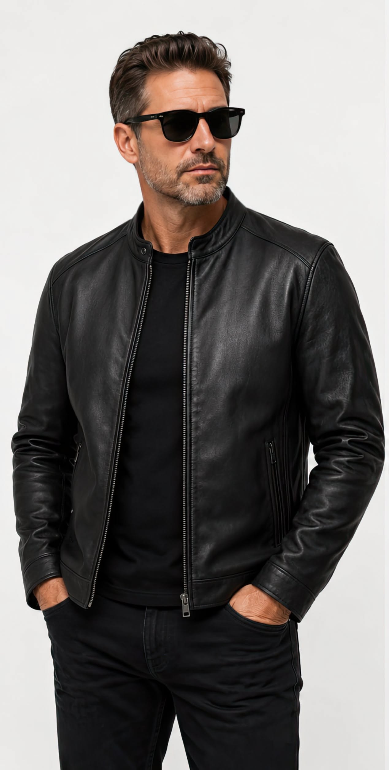 Casual Black Leather Jacket — Mandarin Collar with Snap Button, Full