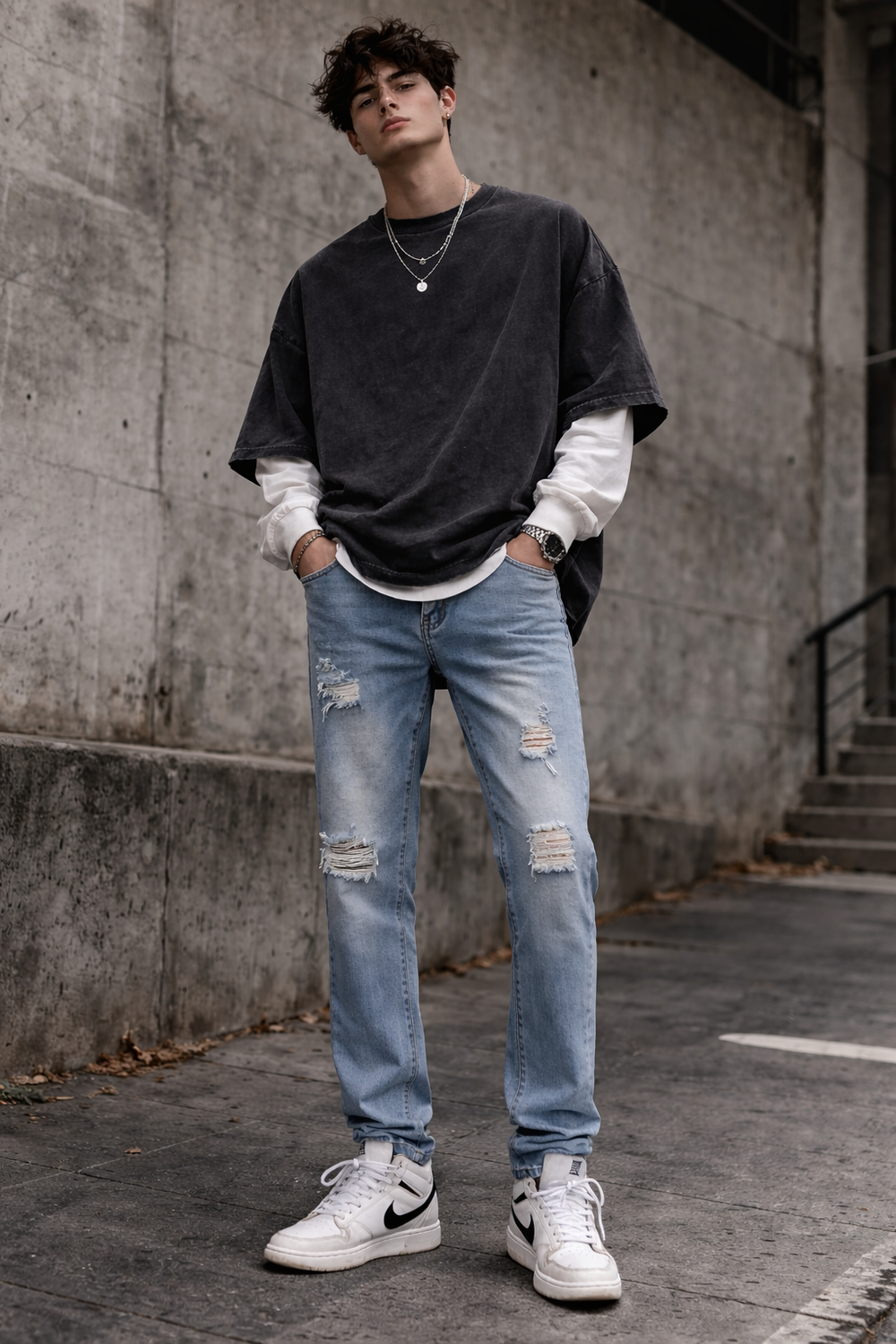 Streetwear light wash blue jeans — distressed details on thighs and knees, light fading, five-pocket styling
