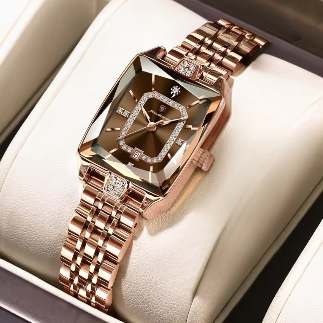 PAGANI DESIGN rose gold wrist watch — rectangular faceted crystal, crystal-set bezel, crystal hour markers, crystal-set dial frame, date window, link bracelet
