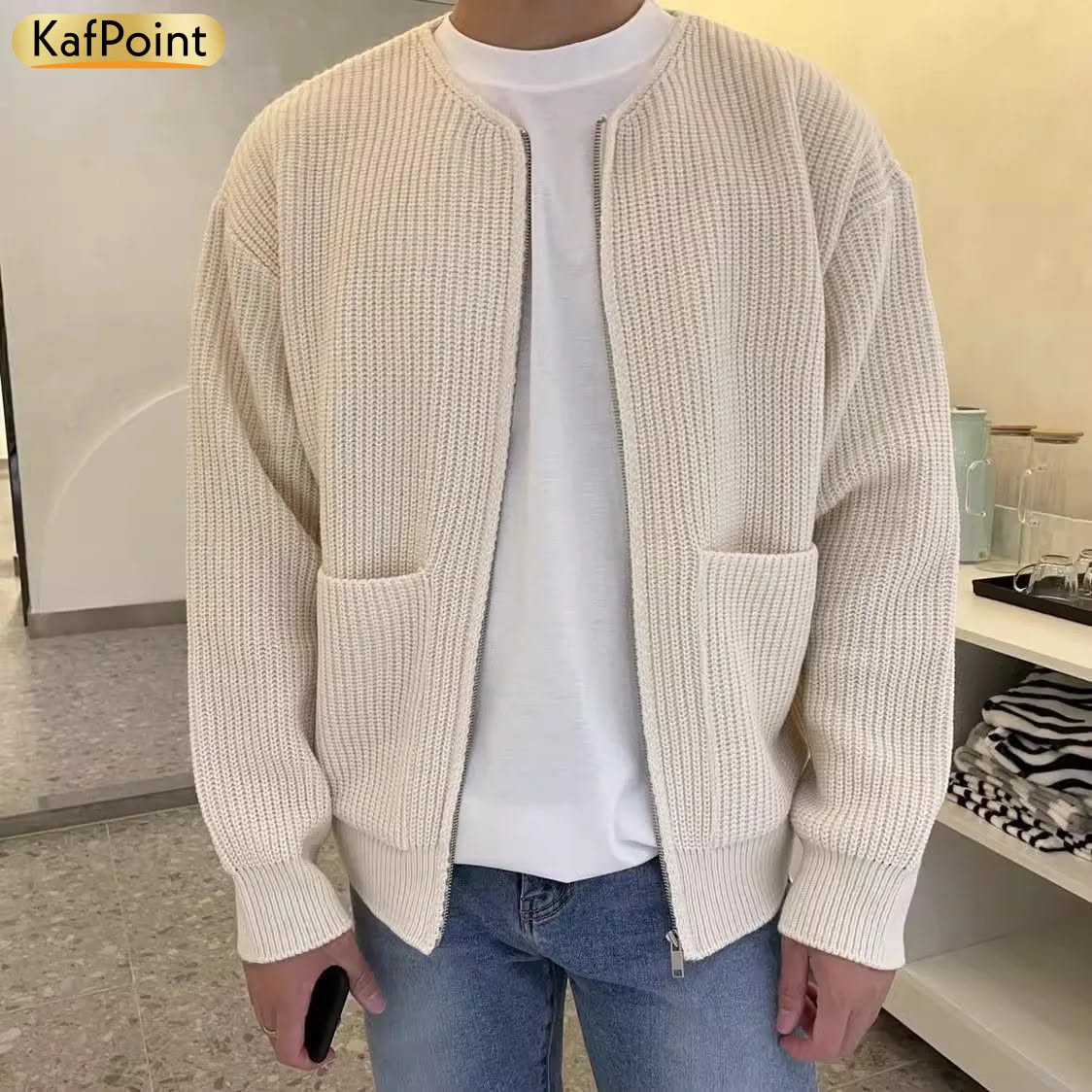 Casual Off-white Zip-up Cardigan — Full Zip Closure, Front Patch