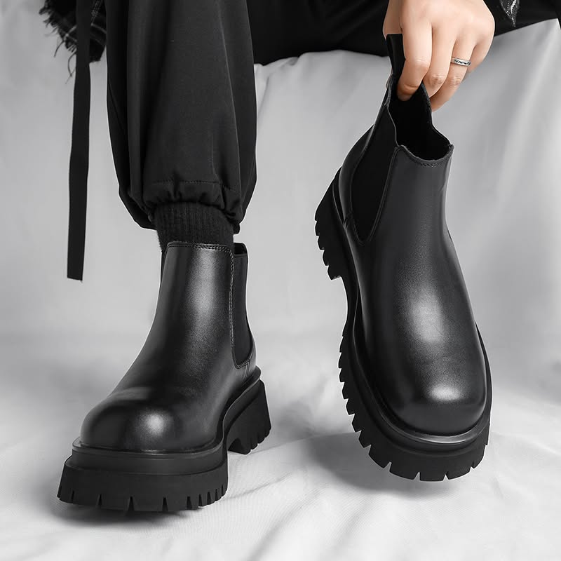 streetwear black Chelsea boots — elastic side panels, lug sole, chunky platform, pull tab