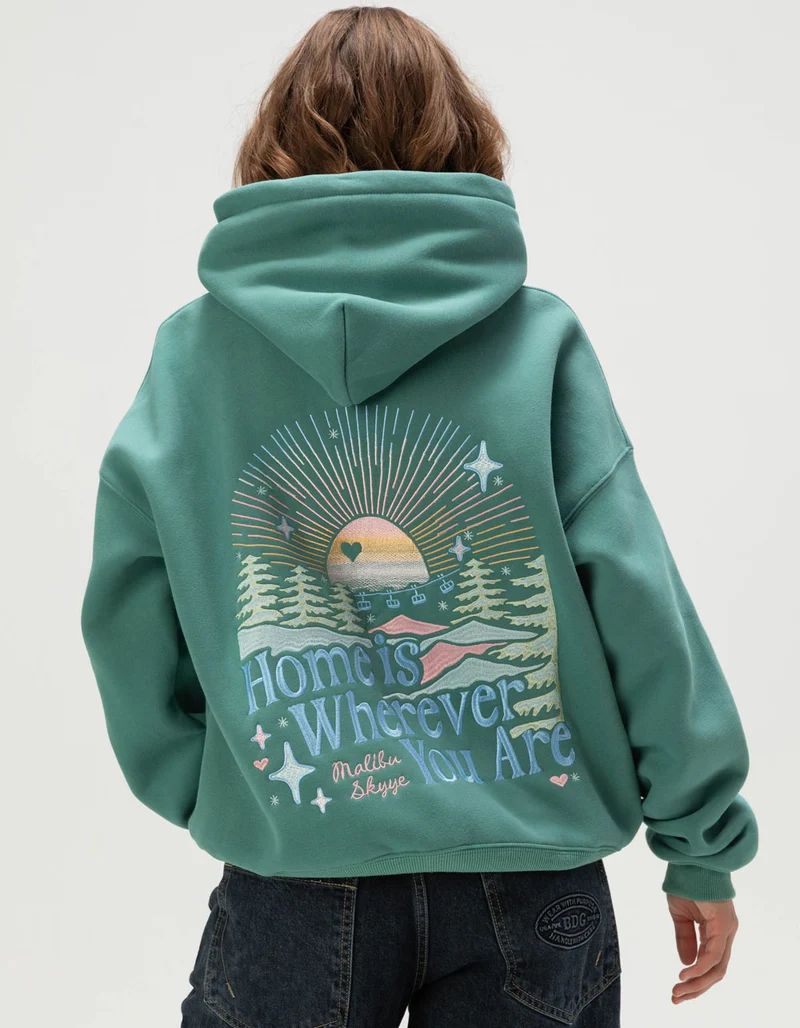 Malibu Skyye Pine Green Hoodie — Embroidered Back Graphic, 'home