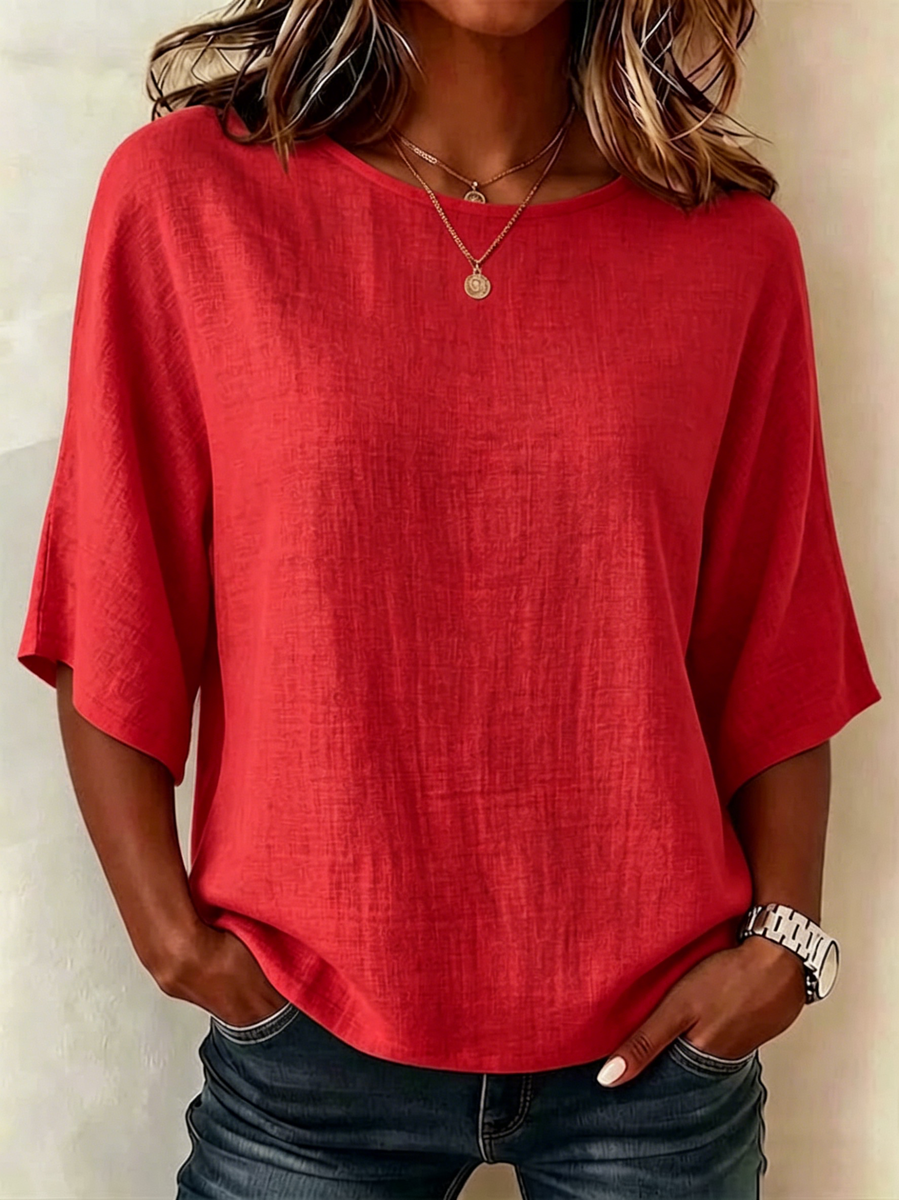 Casual Brick Red Blouse — Crew Neckline, Half Sleeves, Textured Fabric