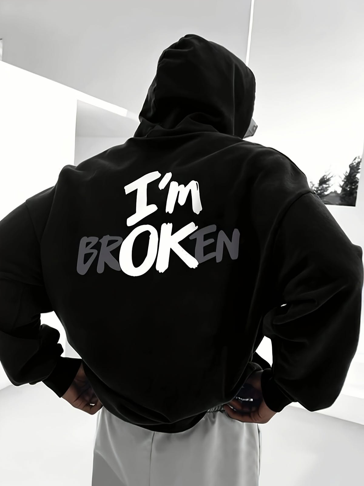 streetwear black hoodie — drawstring hood, ribbed cuffs and hem, back graphic print