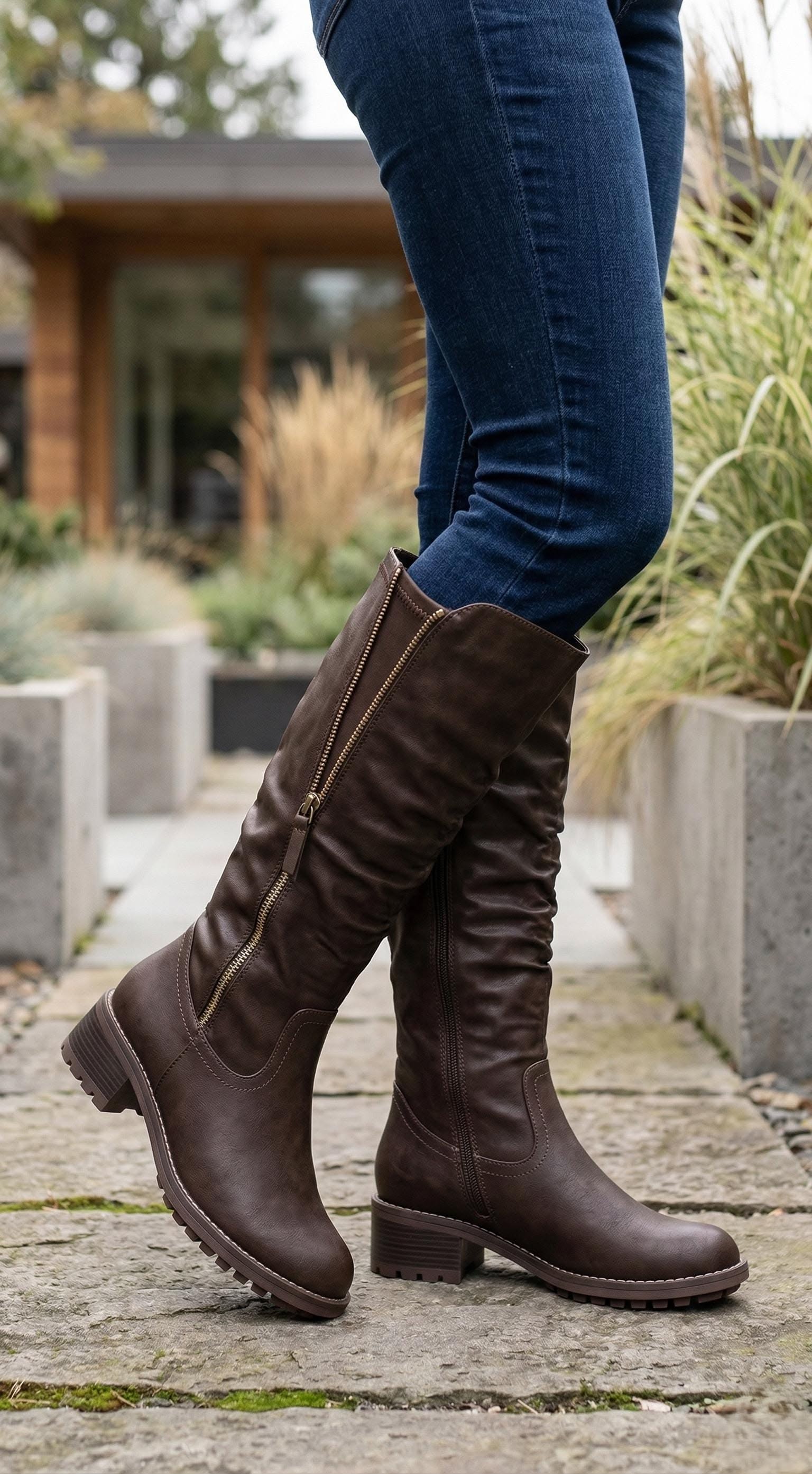 Casual Dark Brown Knee High Boots — Side Zipper, Slouchy Shaft, Low