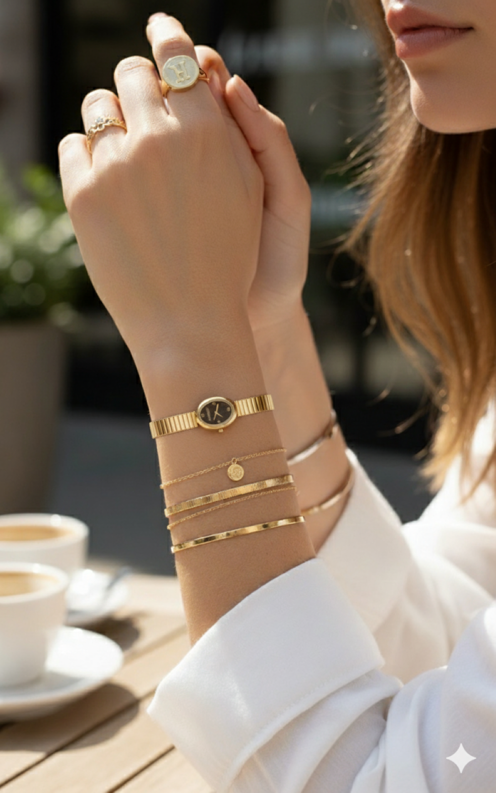Coach gold watch — oval case, black dial, Roman numerals, ribbed bracelet