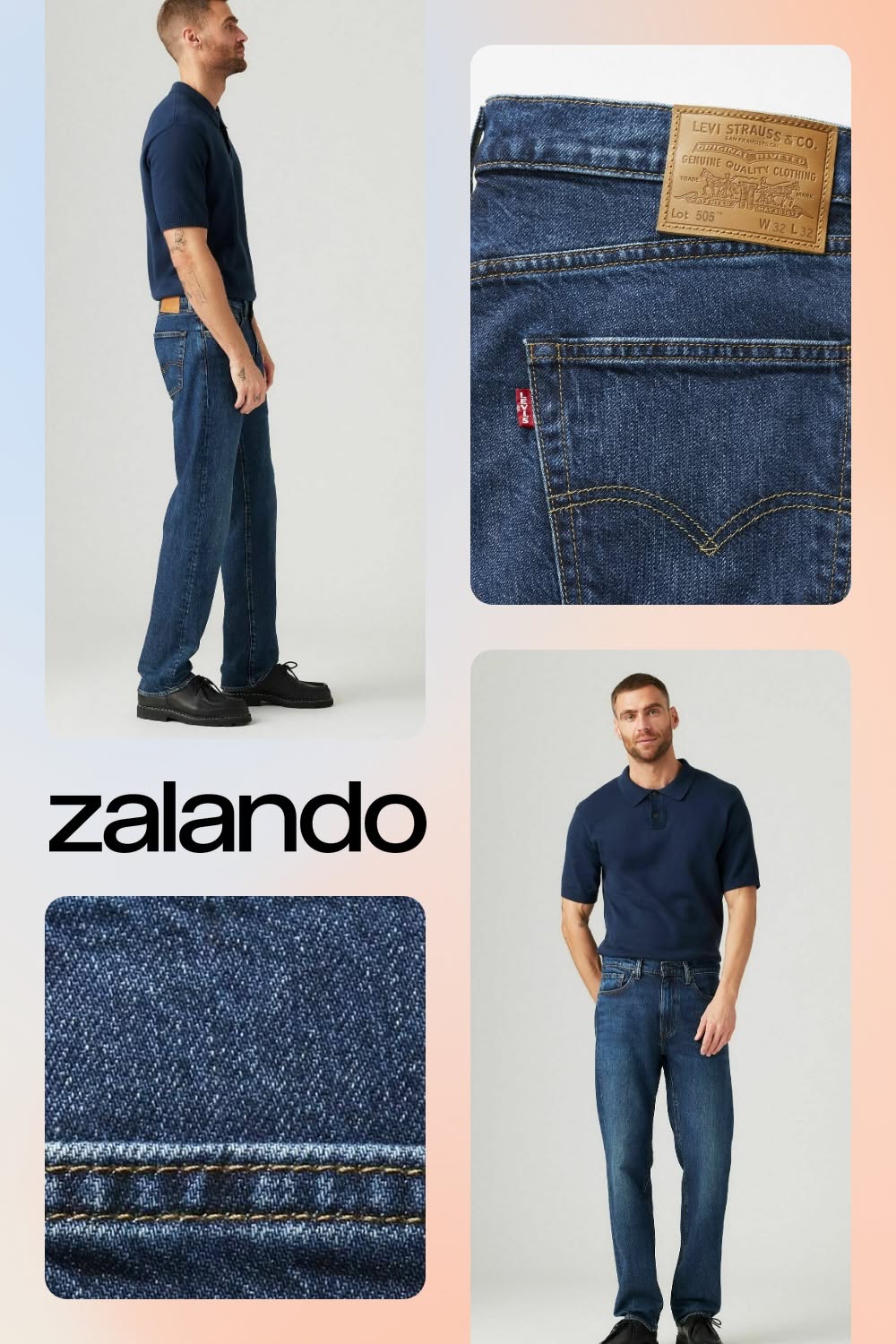 Levi's dark blue wash jeans — classic five-pocket style, contrast yellow stitching, belt loops, branded leather patch on back waistband, red tab on back pocket