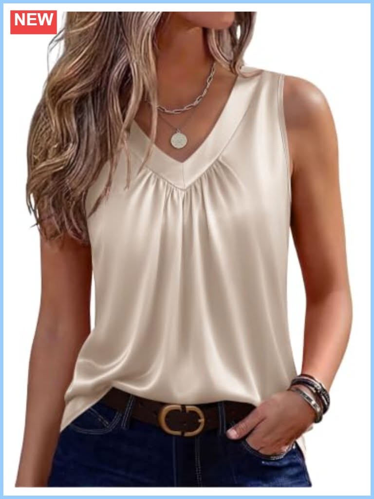 Casual Champagne Tan Satin Tank Top — V-neckline, Pleated Gathering