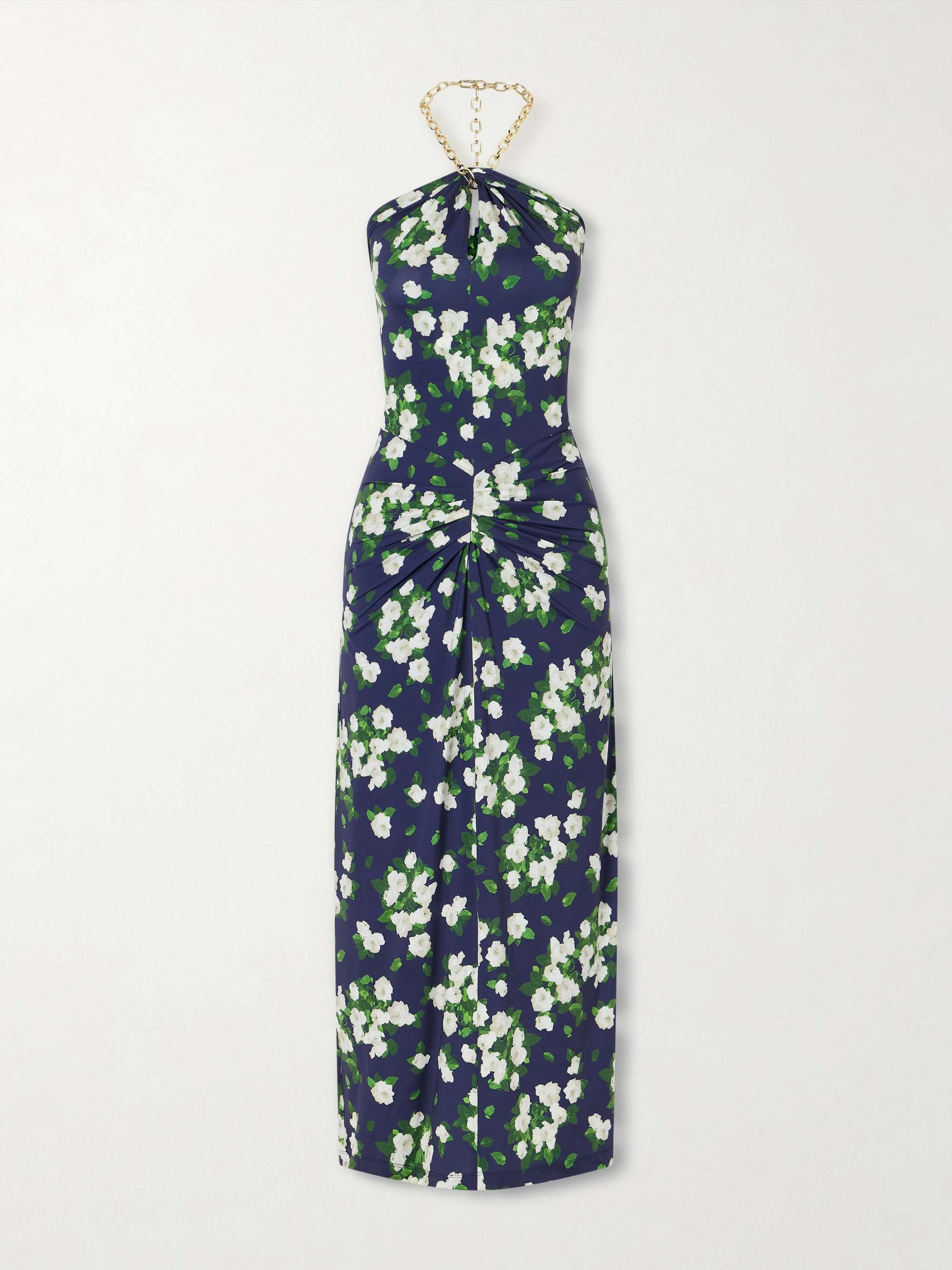 CAROLINA HERRERA Floral-print embellished satin halterneck midi dress