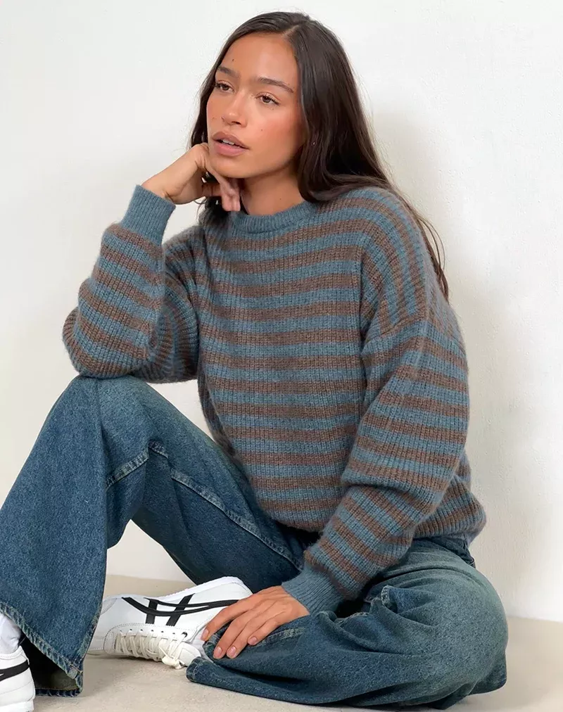 Minimalist Dusty Blue and Brown Crewneck Sweater — Horizontal Stripe