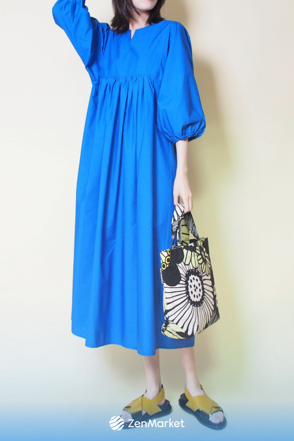 Minimalist Royal Blue Midi Dress — V-slit Neckline, Gathered Bodice