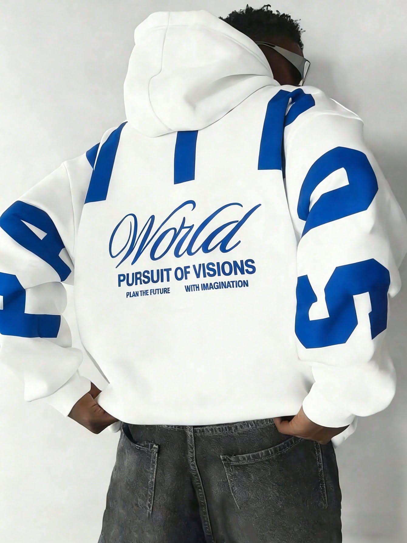 Streetwear White Hoodie — Blue Graphic Print, 'world PURSUIT