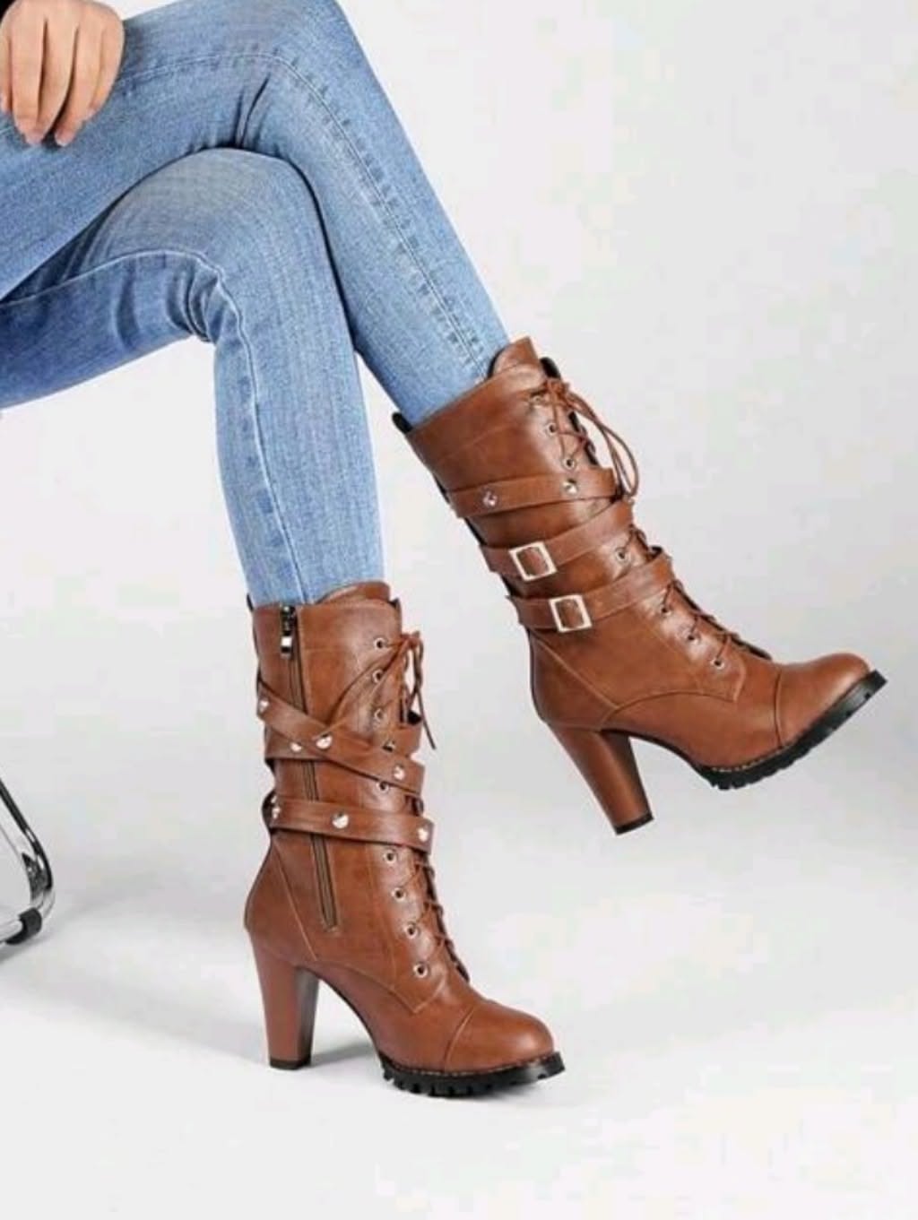 Casual Brown Faux Leather Heeled Combat Boots — Lace-up Front