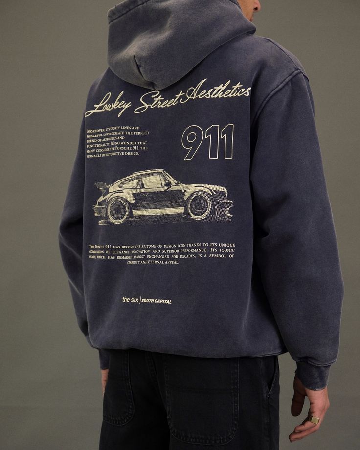 South Capital washed black hoodie — drawstring hood, ribbed cuffs and hem, large back graphic print featuring a Porsche 911 car and text
